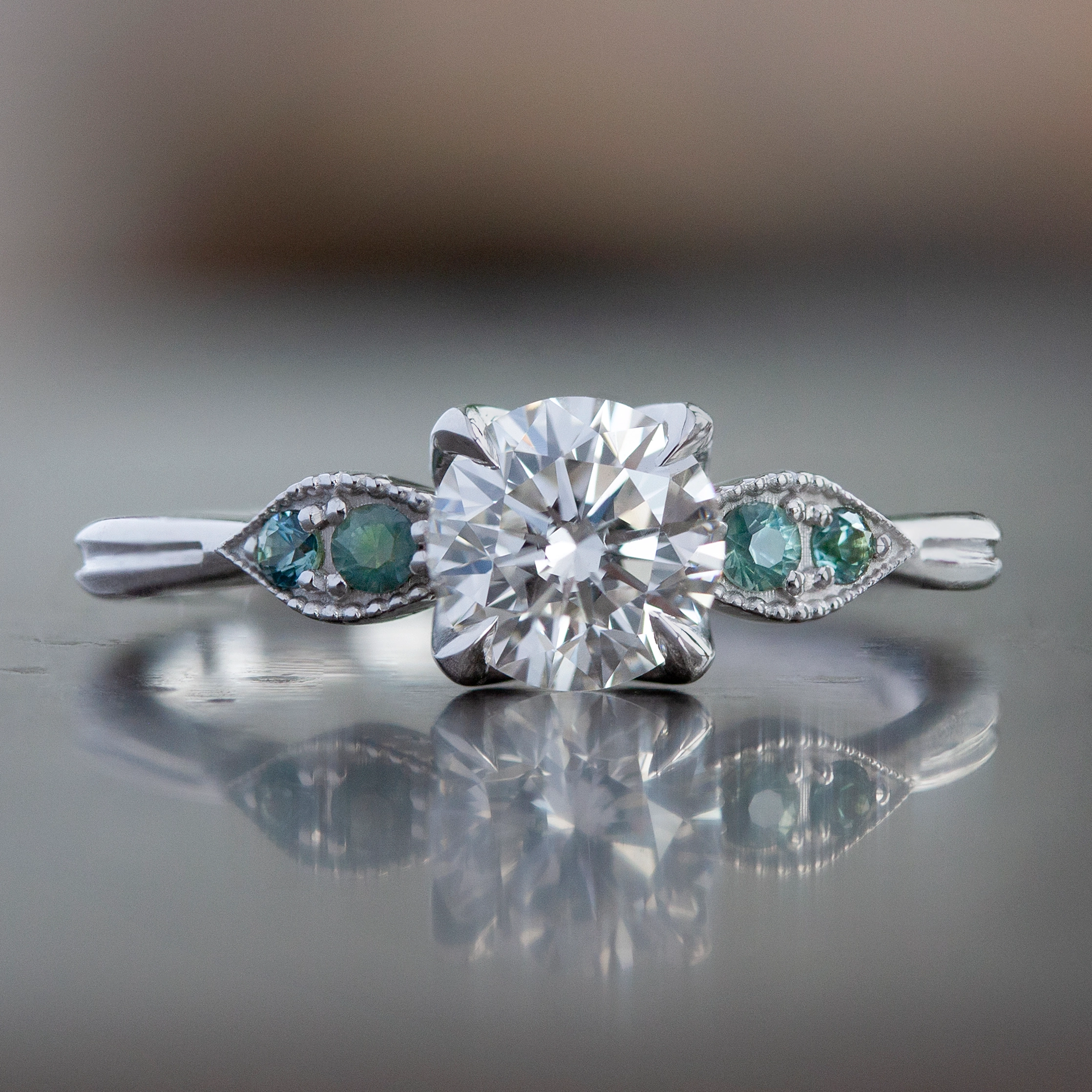 Custom Gardenia Ring by Philadelphia local jeweler Emily Chelsea Jewelry with floral details and reclaimed diamonds.