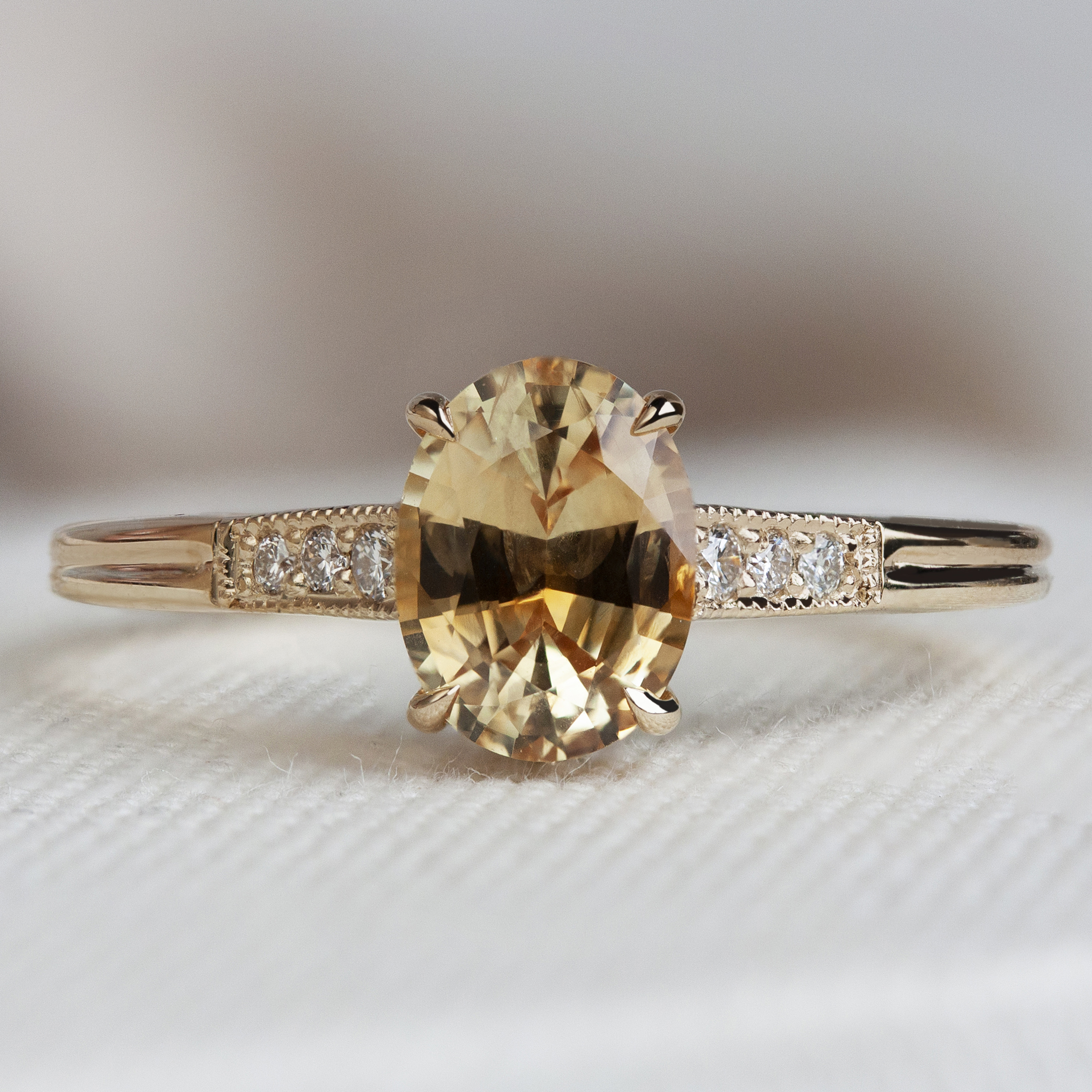 Artemis Ring by Philadelphia's Emily Chelsea Jewelry with milgrain detail, reclaimed diamonds, and a crossed-metal undergallery.