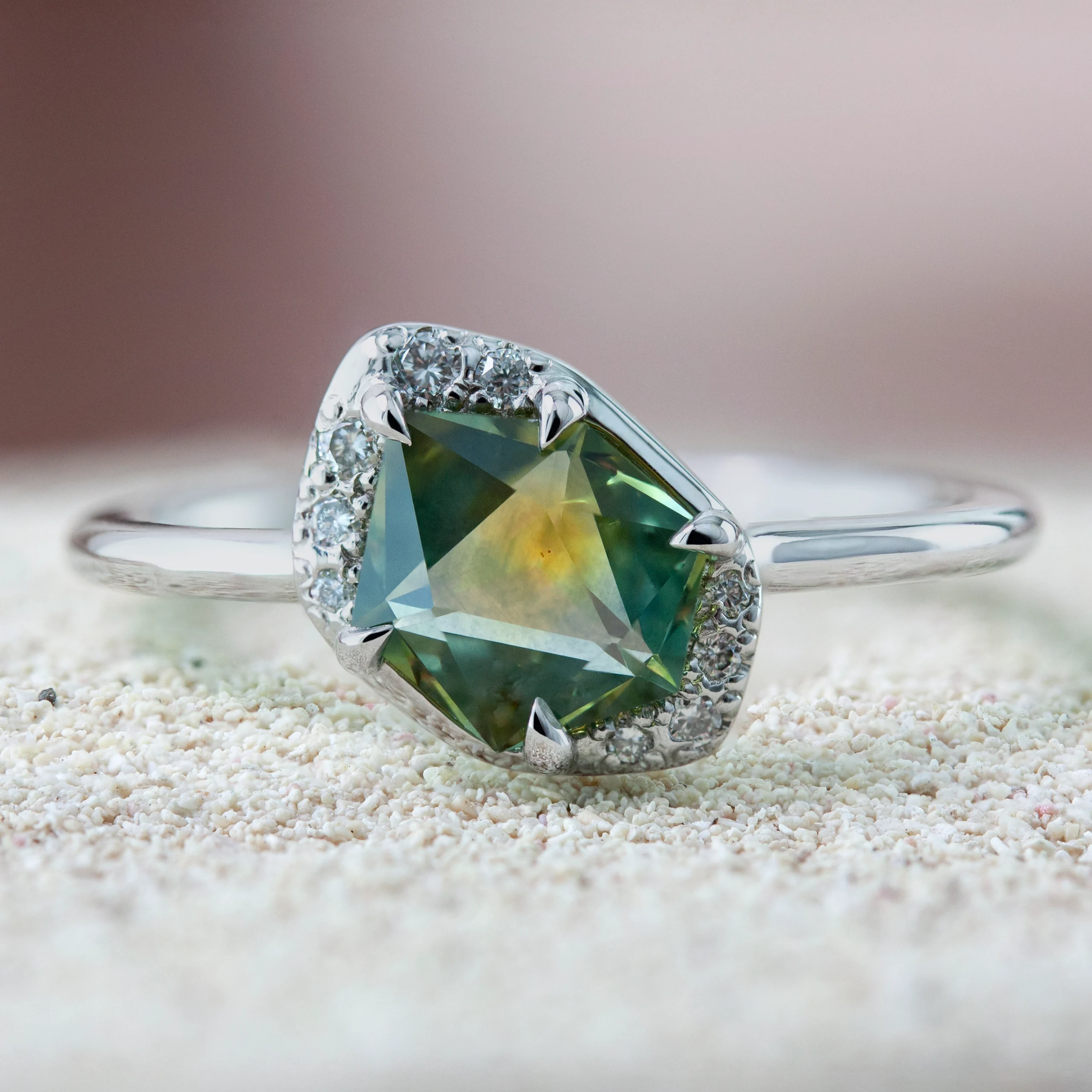 Custom Aura Ring by Philadelphia's Emily Chelsea Jewelry with a unique asymmetrical halo and 0.06ctw reclaimed diamonds.