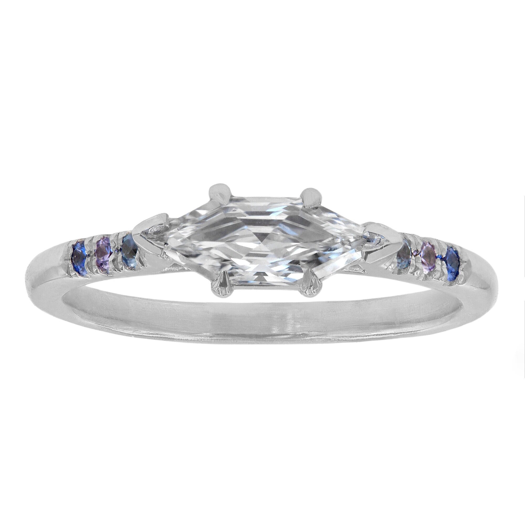 Custom Elongated Hexagonal Diamond Ring with Sapphires