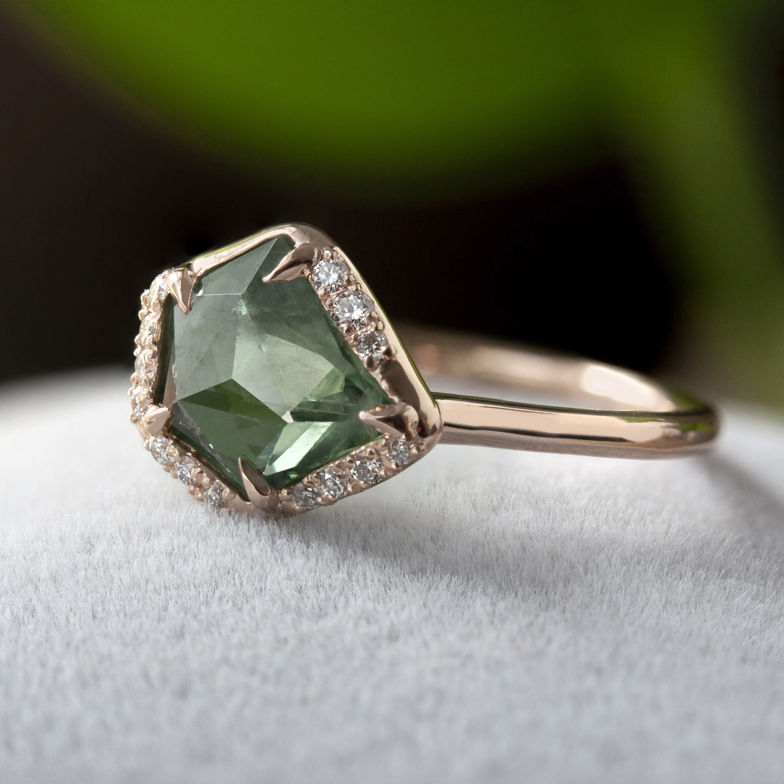 Custom Aura Ring by Philadelphia's Emily Chelsea Jewelry with asymmetrical halo and 0.06ctw reclaimed diamonds on a 1.8mm band.