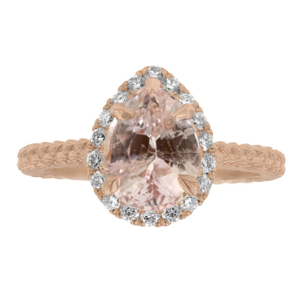 Custom Pear Shaped Peach Sapphire Halo Ring with Organic Wheat Band