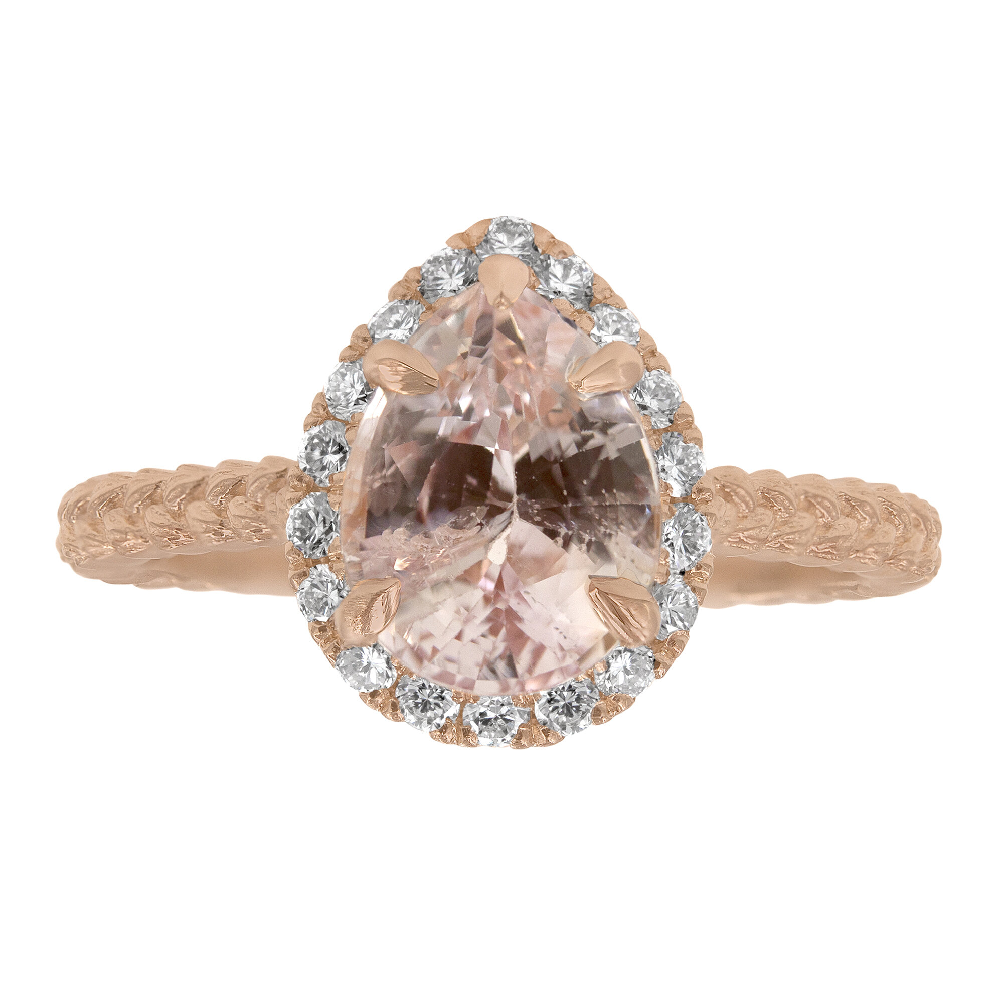 Custom Pear Shaped Peach Sapphire Halo Ring with Organic Wheat Band