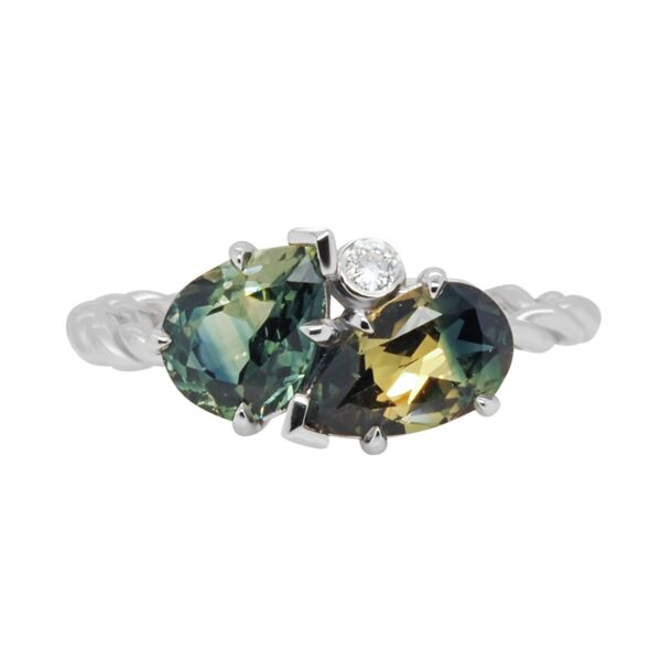 Custom Two Stone Sapphire Twist Ring With a Bezel Set Diamond
