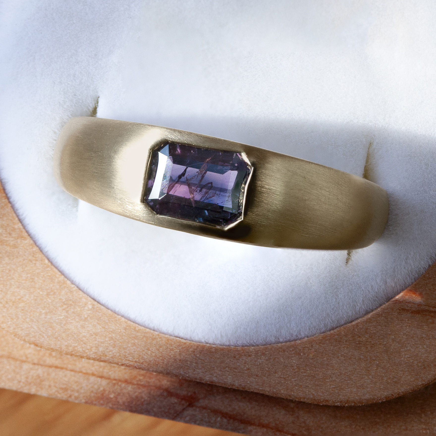 Hague Ring by Philadelphia's Emily Chelsea Jewelry with a low profile, burnished center stone, and 3.5mm band in brushed or polished finish.