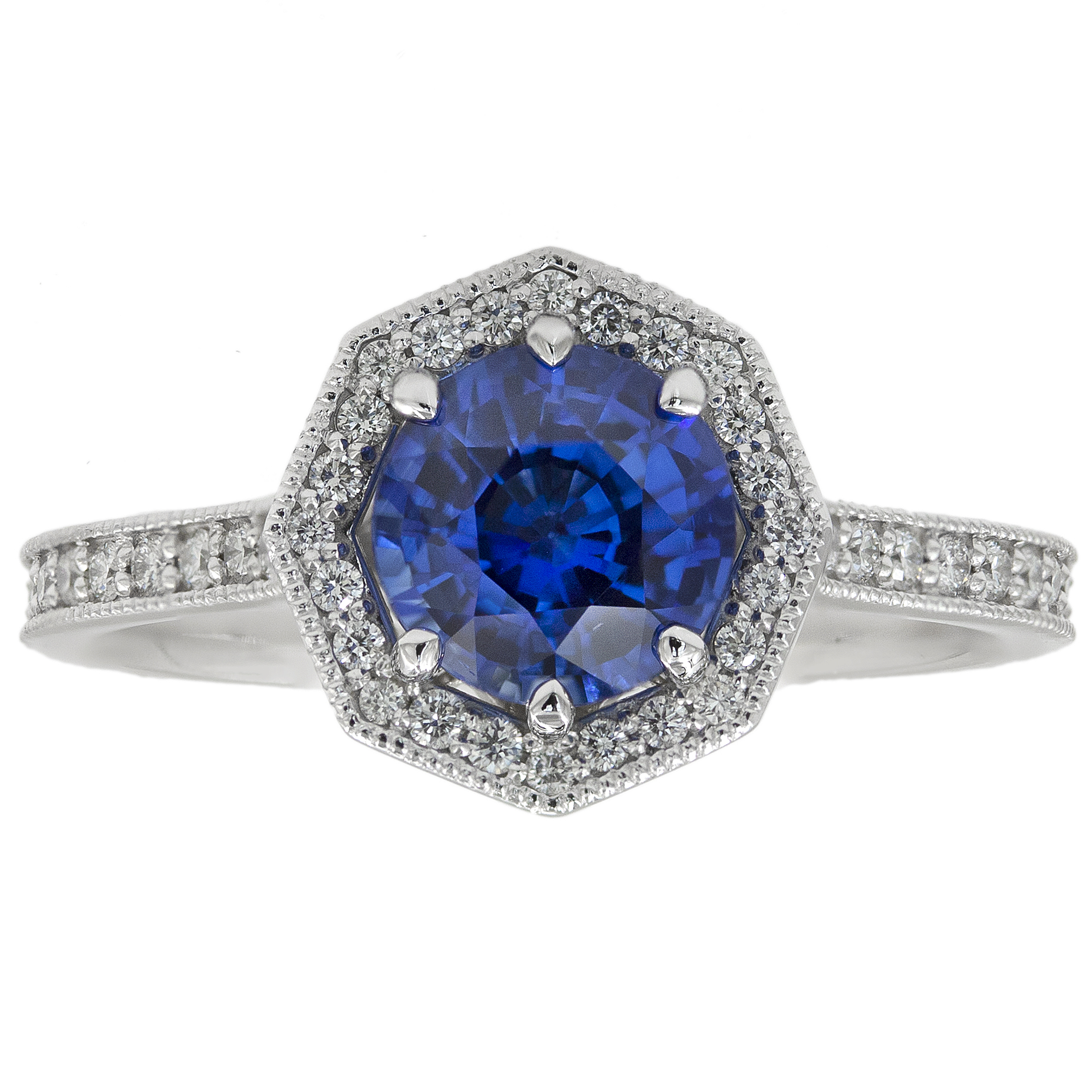 Vintage Inspired Octagon Halo Ring with Blue Sapphire