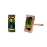 Custom bicolor sapphire stud earrings from Philadelphia's Emily Chelsea Jewelry, featuring a blue-to-yellow gradient in a bar setting. Made to order.