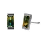 Custom bicolor sapphire stud earrings from Philadelphia's Emily Chelsea Jewelry, featuring a blue-to-yellow gradient in a bar setting. Made to order.
