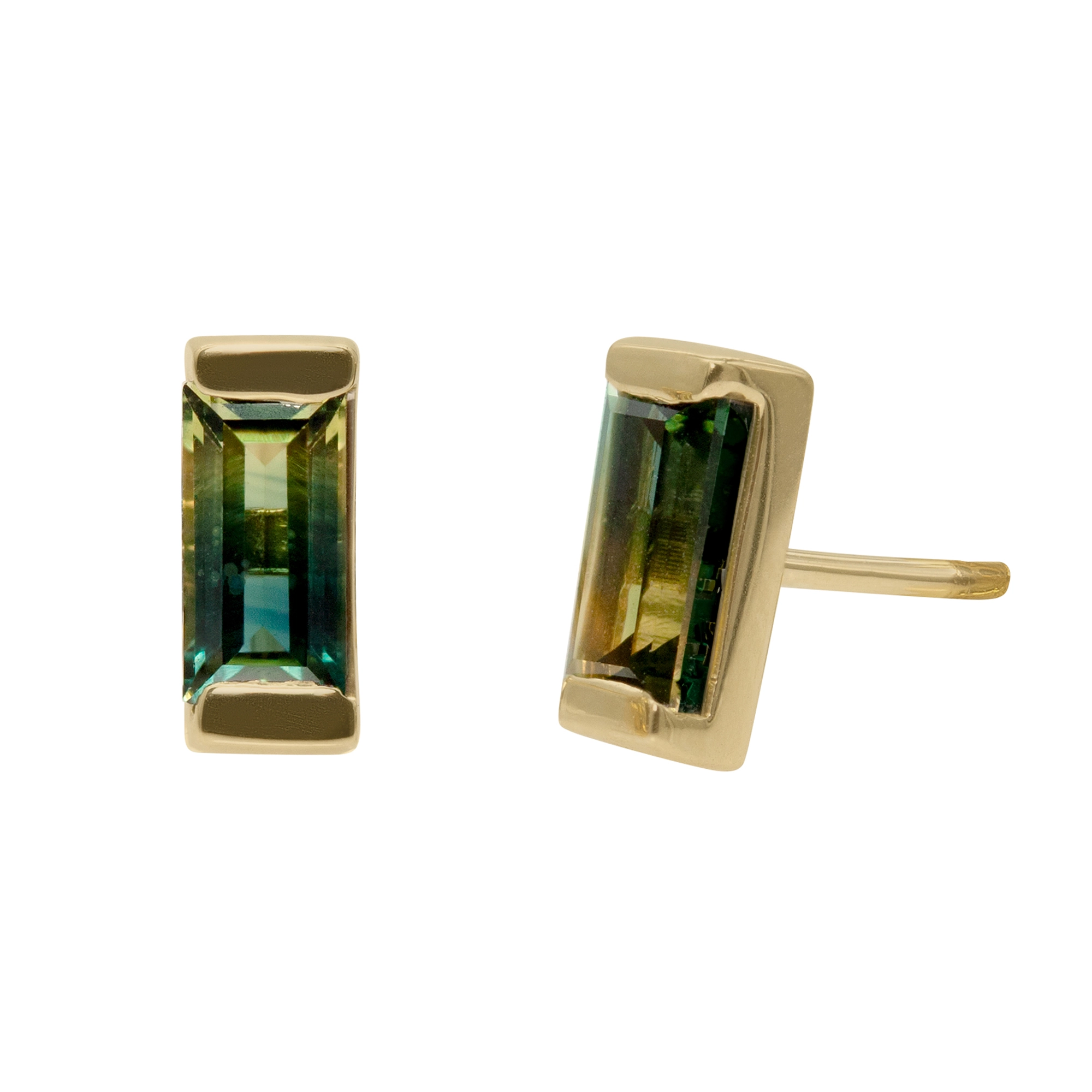 Custom bicolor sapphire stud earrings from Philadelphia's Emily Chelsea Jewelry, featuring a blue-to-yellow gradient in a bar setting. Made to order.