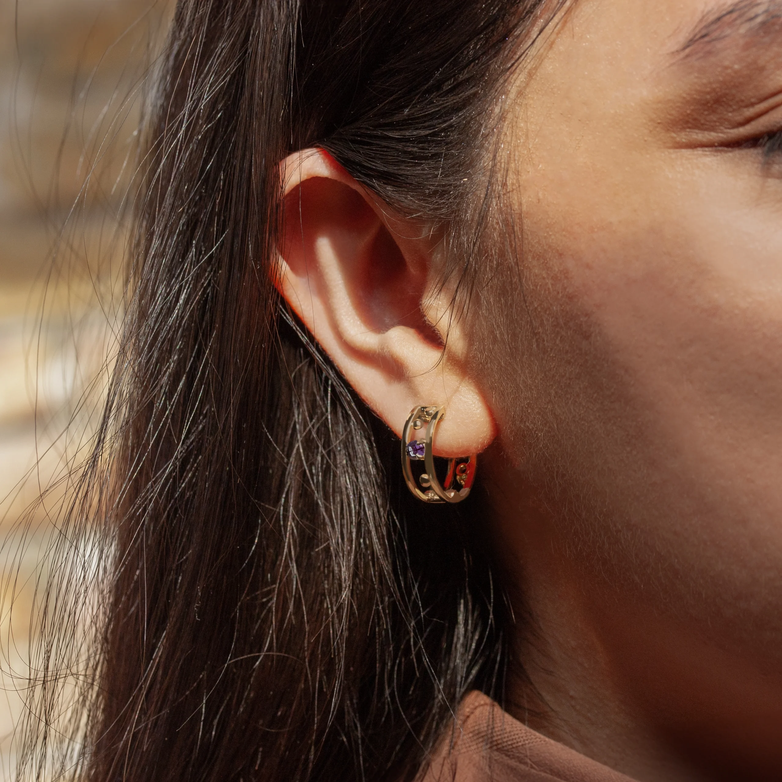 Pinnacle Hoops, featuring 3mm Arizonian turquoise and round Nigerian tourmaline, custom-designed by Philadelphia local jeweler Emily Chelsea Jewelry.