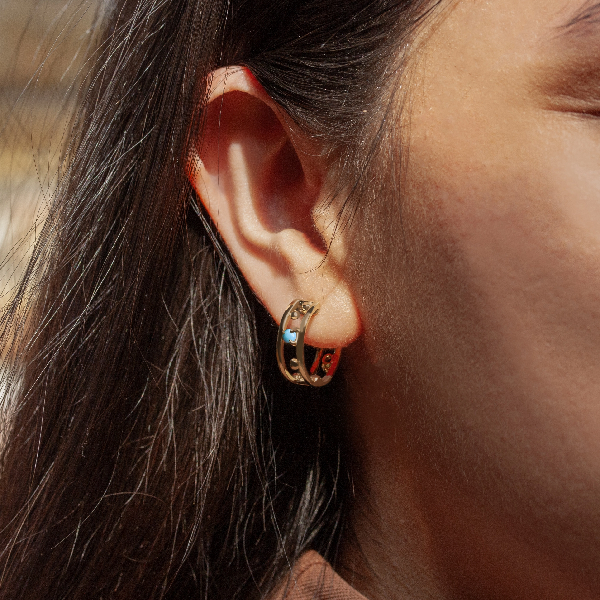 Pinnacle Hoops, featuring 3mm Arizonian turquoise and round Nigerian teal tourmaline, custom-designed by Philadelphia local jeweler Emily Chelsea Jewelry.