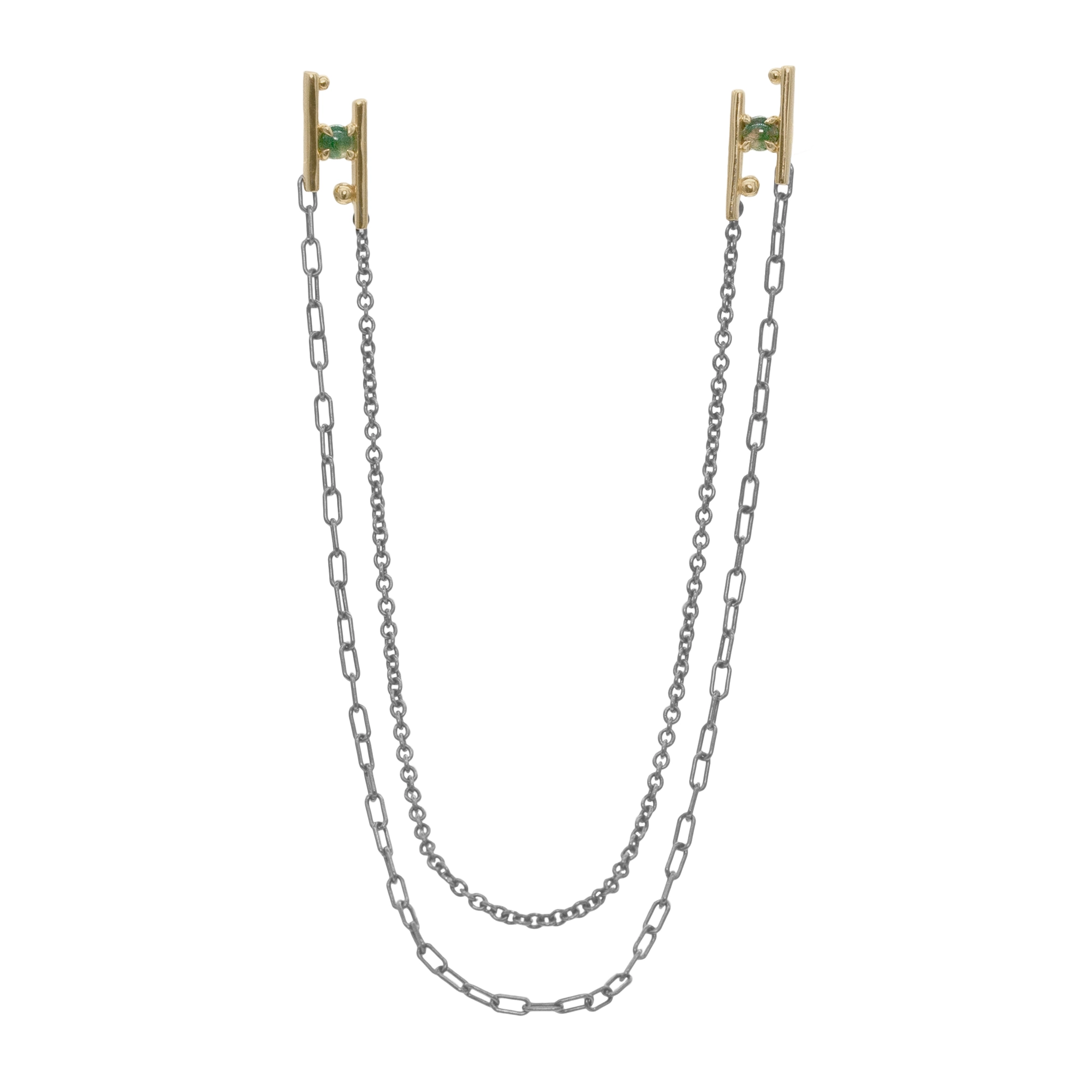Hand in Hand Collar Pin by Philadelphia’s Emily Chelsea Jewelry, featuring Indian moss agate, gold stations, and oxidized sterling silver chains.