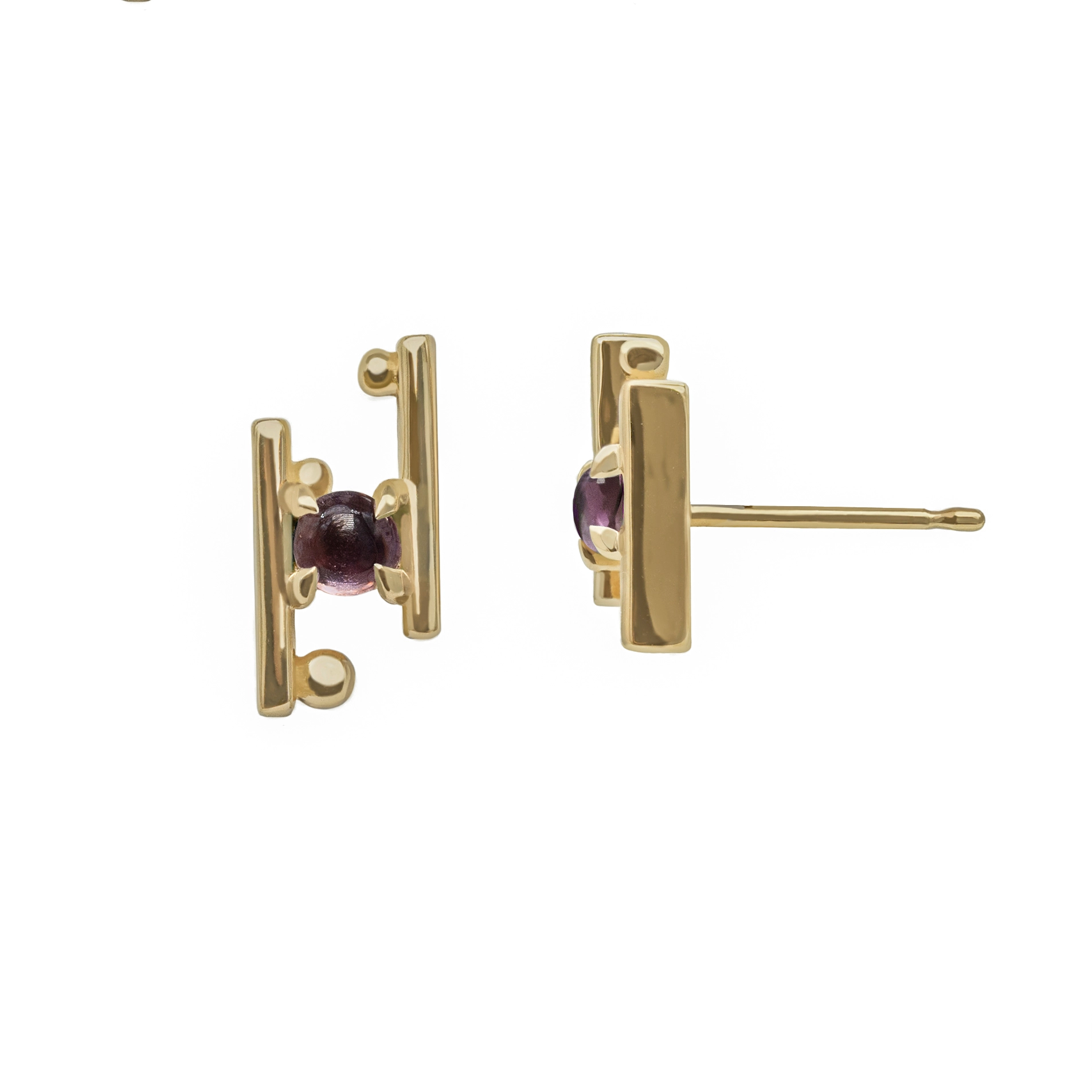Hand in Hand Stud Earrings by Philadelphia’s Emily Chelsea Jewelry, featuring Uruguayan amethyst cabochons set between sleek metal bars.
