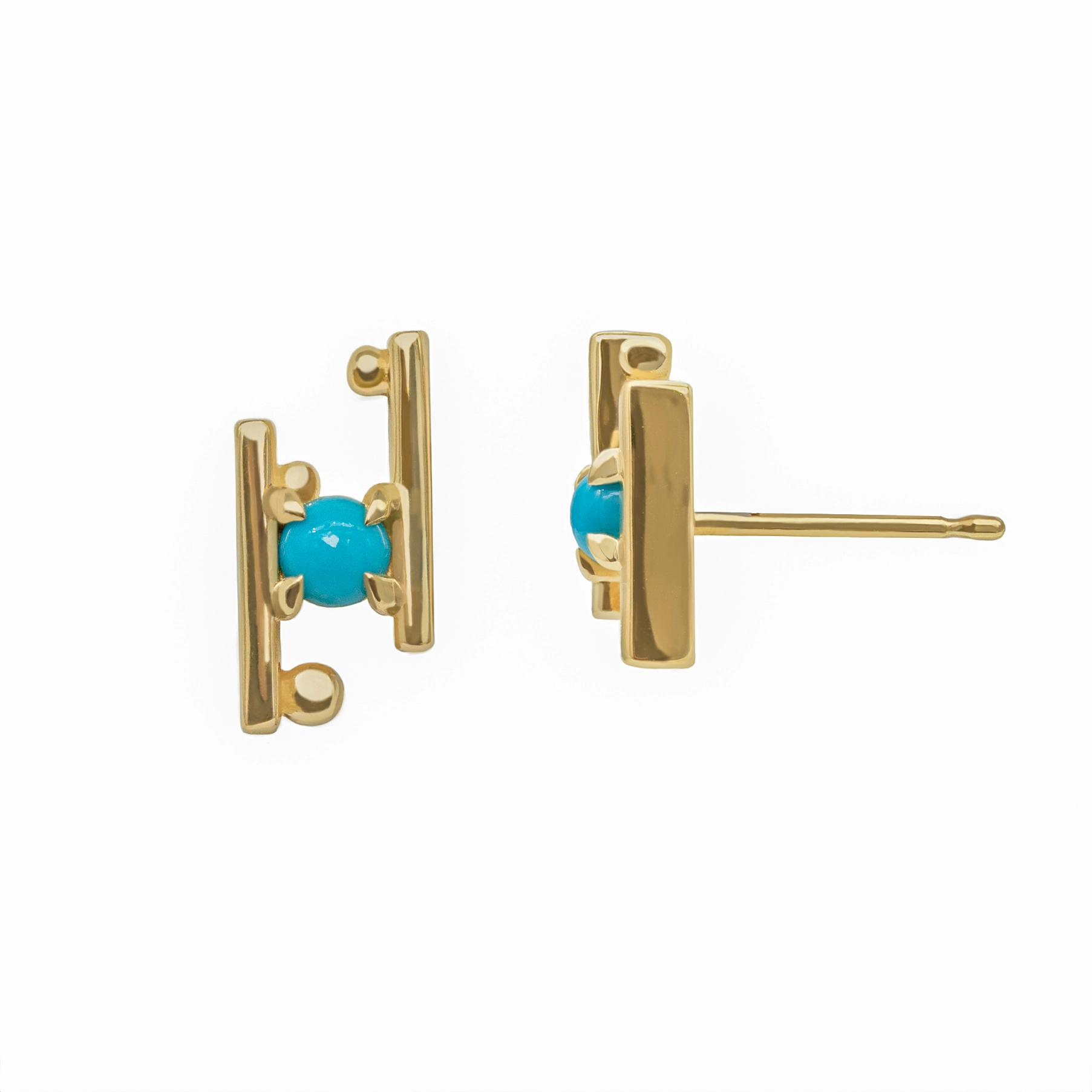 Hand in Hand Stud Earrings by Philadelphia’s Emily Chelsea Jewelry, featuring Arizonian turquoise cabochons set between sleek metal bars.