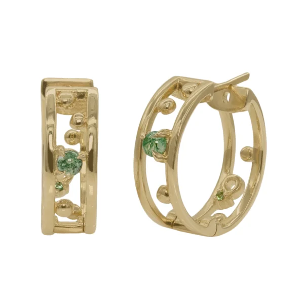Pinnacle Hoops by Emily Chelsea Jewelry, custom hoops with Indian moss agate, Nigerian green tourmaline, and sleek metal accents.