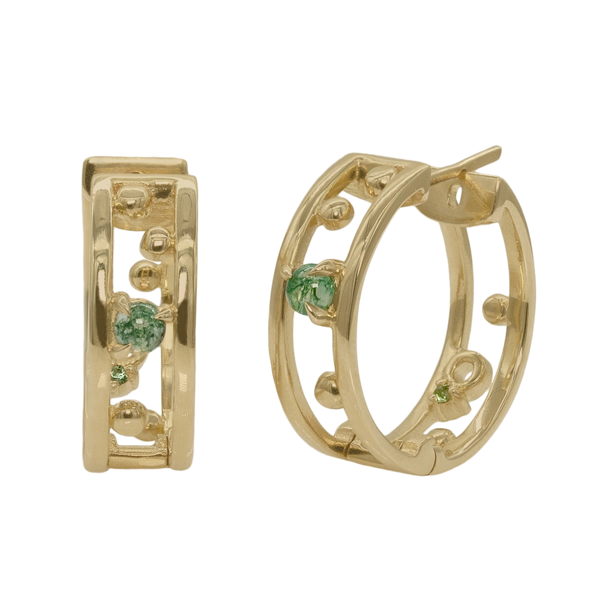 Pinnacle Hoops by Emily Chelsea Jewelry, custom hoops with Indian moss agate, Nigerian green tourmaline, and sleek metal accents.