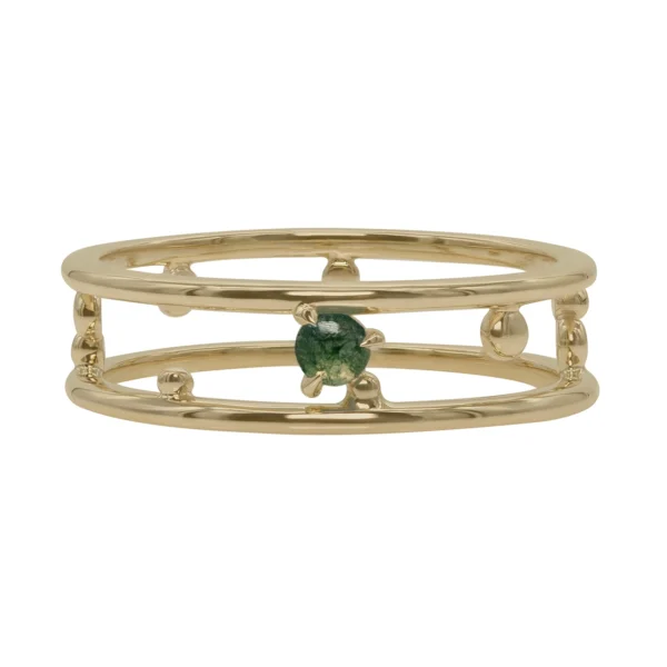 Pinnacle Band by Emily Chelsea Jewelry, a custom-designed ring featuring a 3mm Indian moss agate cabochon, symbolizing milestones and movement forward.