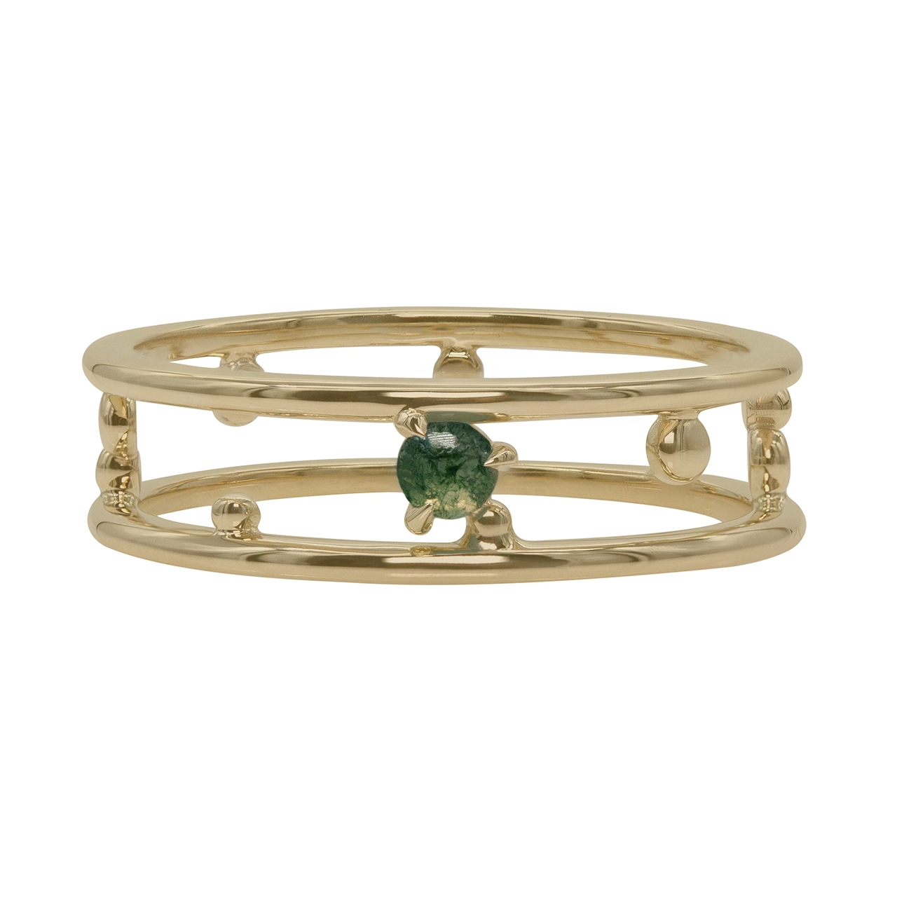 Pinnacle Band by Emily Chelsea Jewelry, a custom-designed ring featuring a 3mm Indian moss agate cabochon, symbolizing milestones and movement forward.