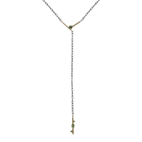 Plunge Necklace by Emily Chelsea Jewelry with Indian moss agate cabochons and Nigerian green tourmaline on oxidized sterling silver. Custom-designed piece.