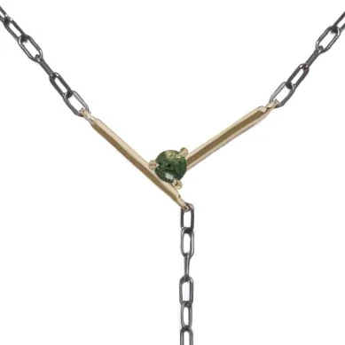 Plunge Necklace by Emily Chelsea Jewelry with Indian moss agate cabochons and Nigerian green tourmaline on oxidized sterling silver. Custom-designed piece.