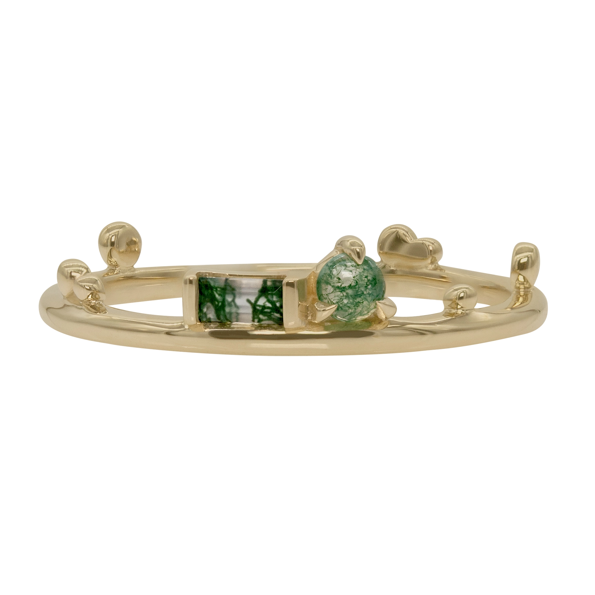 The Renewal Band by Emily Chelsea Jewelry, featuring 3mm Indian moss agate cabochon and 4x2mm baguette, symbolizing milestones and progress.