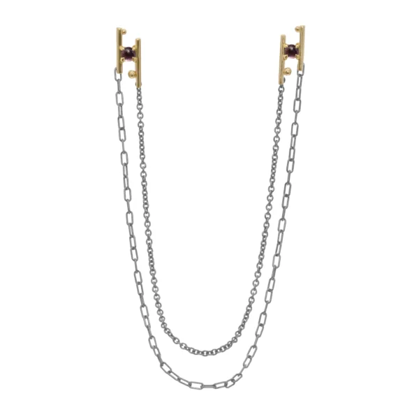 Hand in Hand Collar Pin by Philadelphia’s Emily Chelsea Jewelry, featuring Uruguayan amethyst, gold stations, and oxidized sterling silver chains.