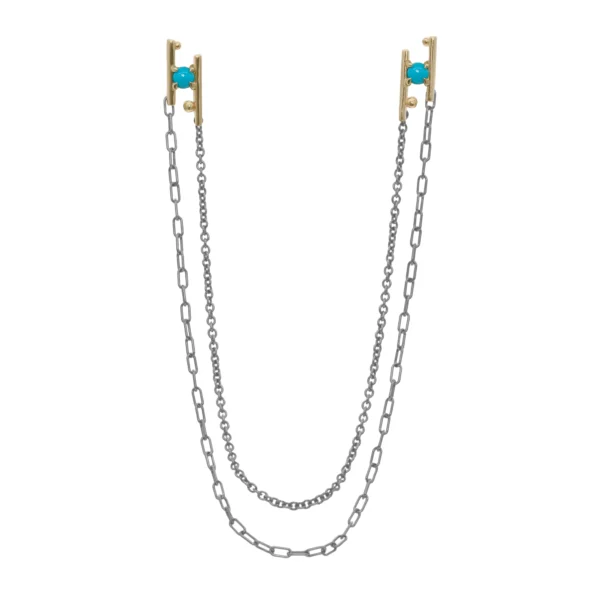 Hand in Hand Collar Pin by Philadelphia’s Emily Chelsea Jewelry, featuring Arizonian turquoise, gold stations, and oxidized sterling silver chains.