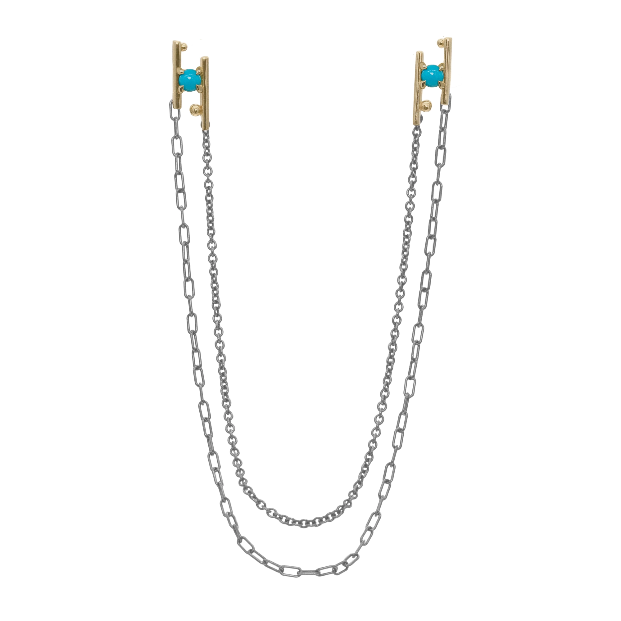 Hand in Hand Collar Pin by Philadelphia’s Emily Chelsea Jewelry, featuring Arizonian turquoise, gold stations, and oxidized sterling silver chains.