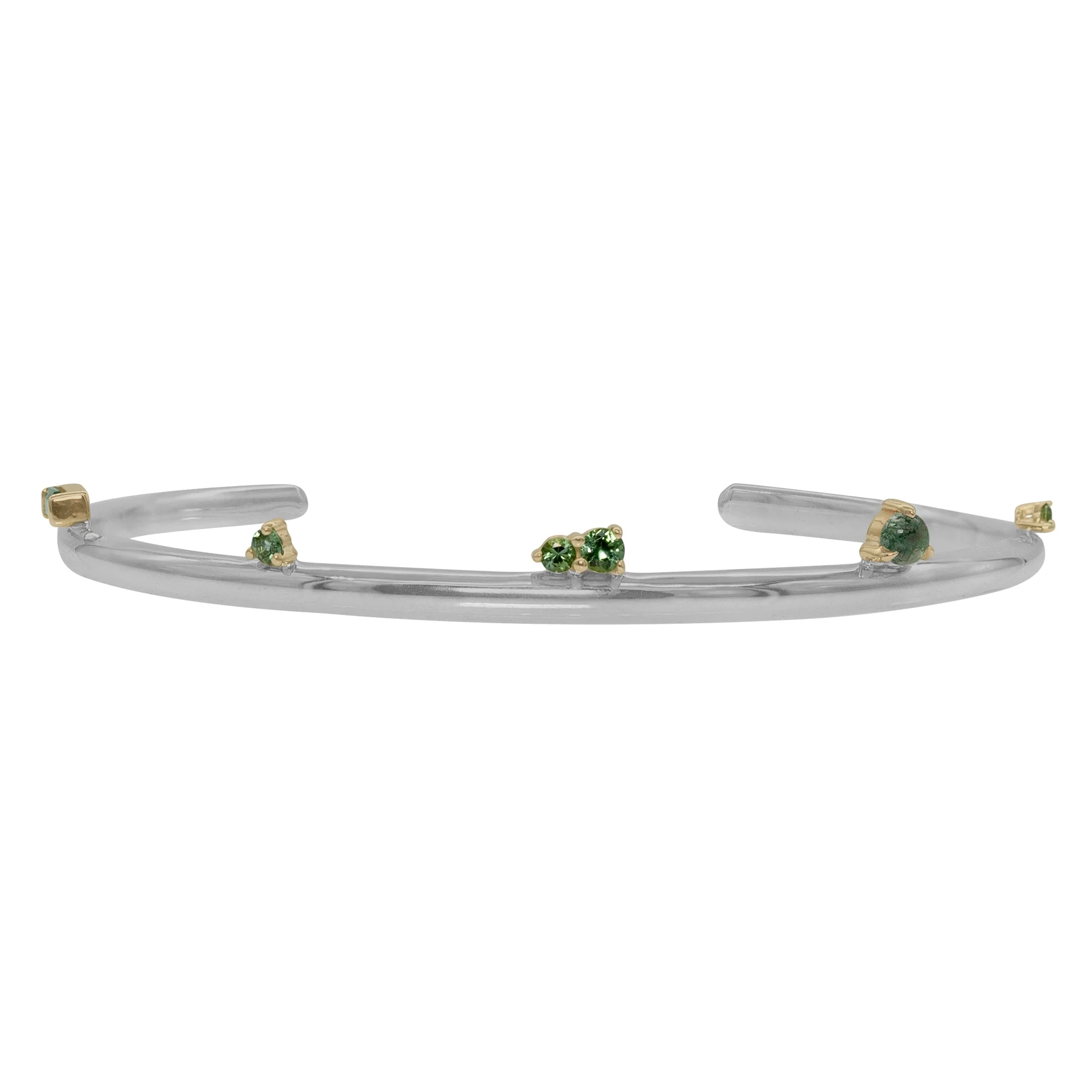 Silver Lining Cuff by Philadelphia’s Emily Chelsea Jewelry, featuring Indian moss agate, Nigerian green tourmaline, and a polished finish symbolizing optimism.