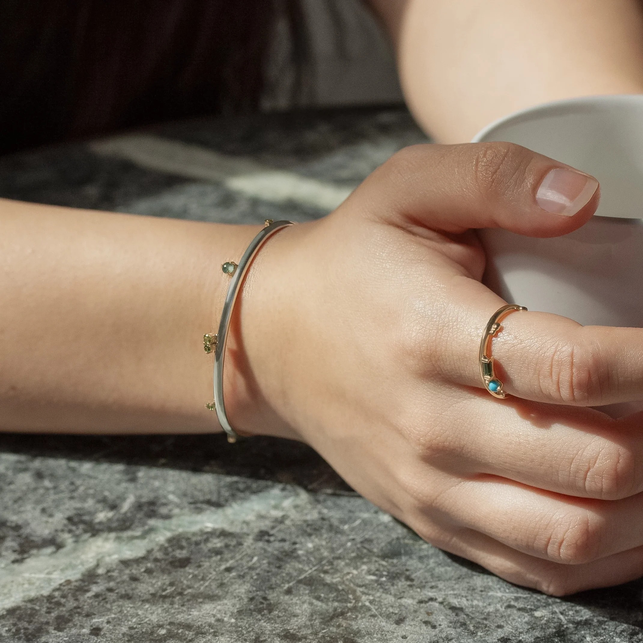 Silver Lining Cuff by Philadelphia’s Emily Chelsea Jewelry, featuring Turquoise and Tourmaline - Silver and 14kt White Gold.