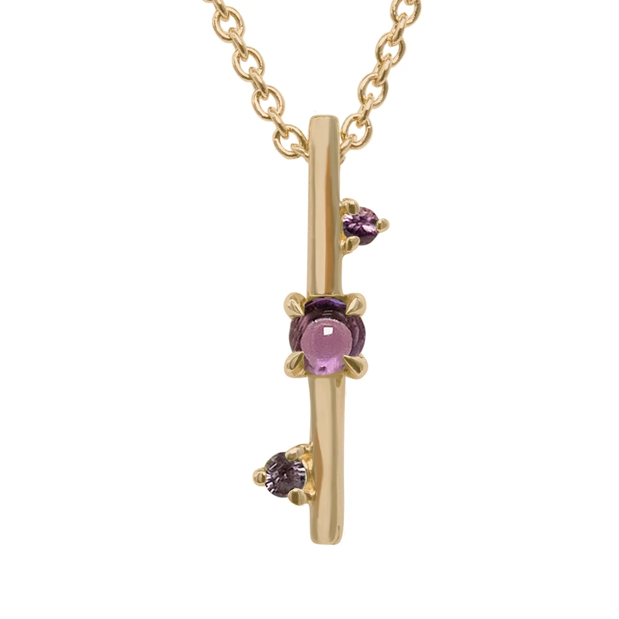 Through It All Necklace by Philadelphia’s Emily Chelsea Jewelry, featuring amethyst, spinel, and a symbolic interrupted bar motif.