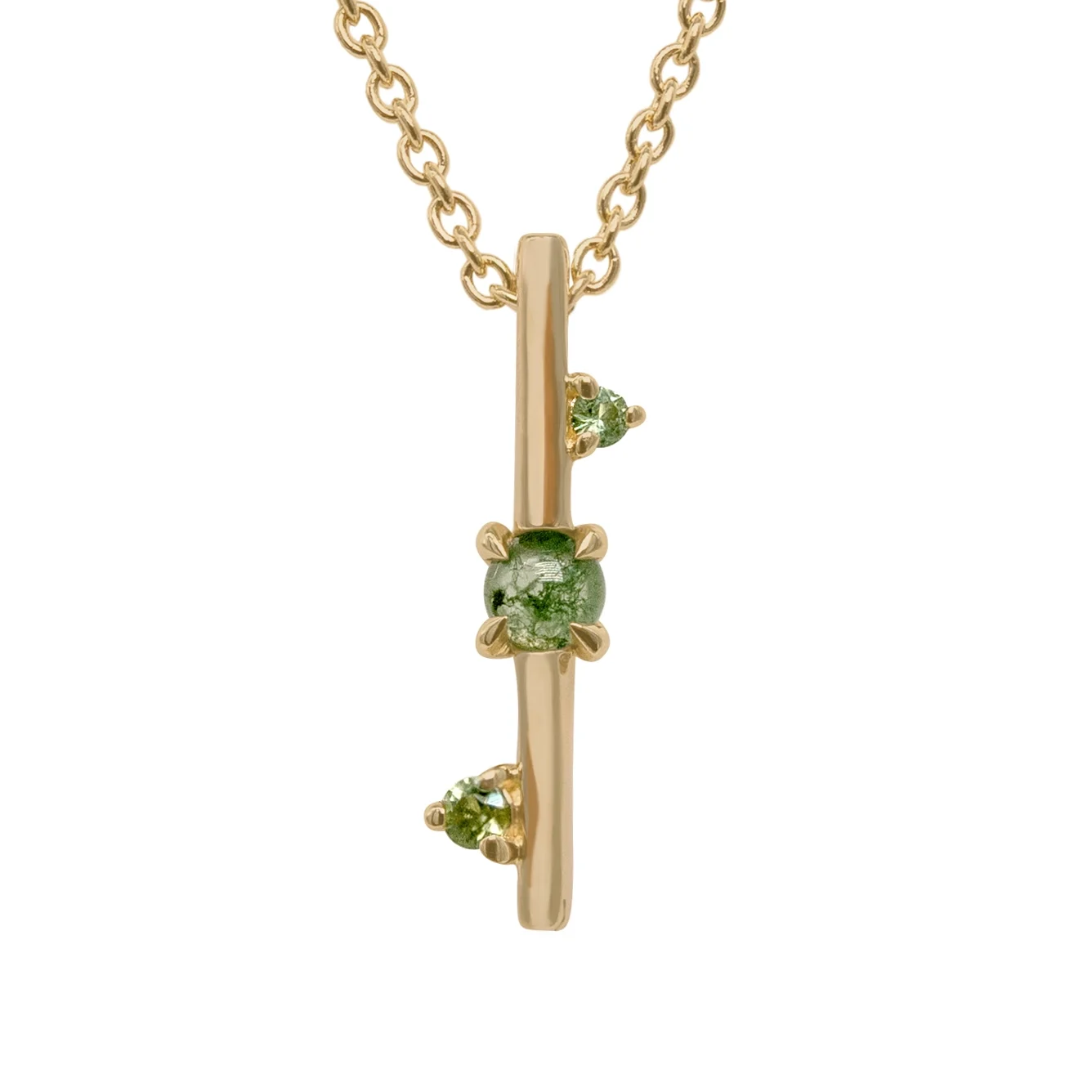Through It All Necklace by Emily Chelsea Jewelry, a custom design with Indian moss agate, Nigerian green tourmaline, and a symbolic interrupted metal bar motif.