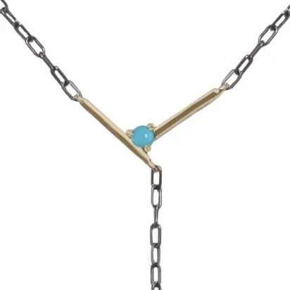 Plunge necklace with turquoise symbolizing milestones and strength, custom-designed by local jeweler Emily Chelsea Jewelry in Philadelphia.