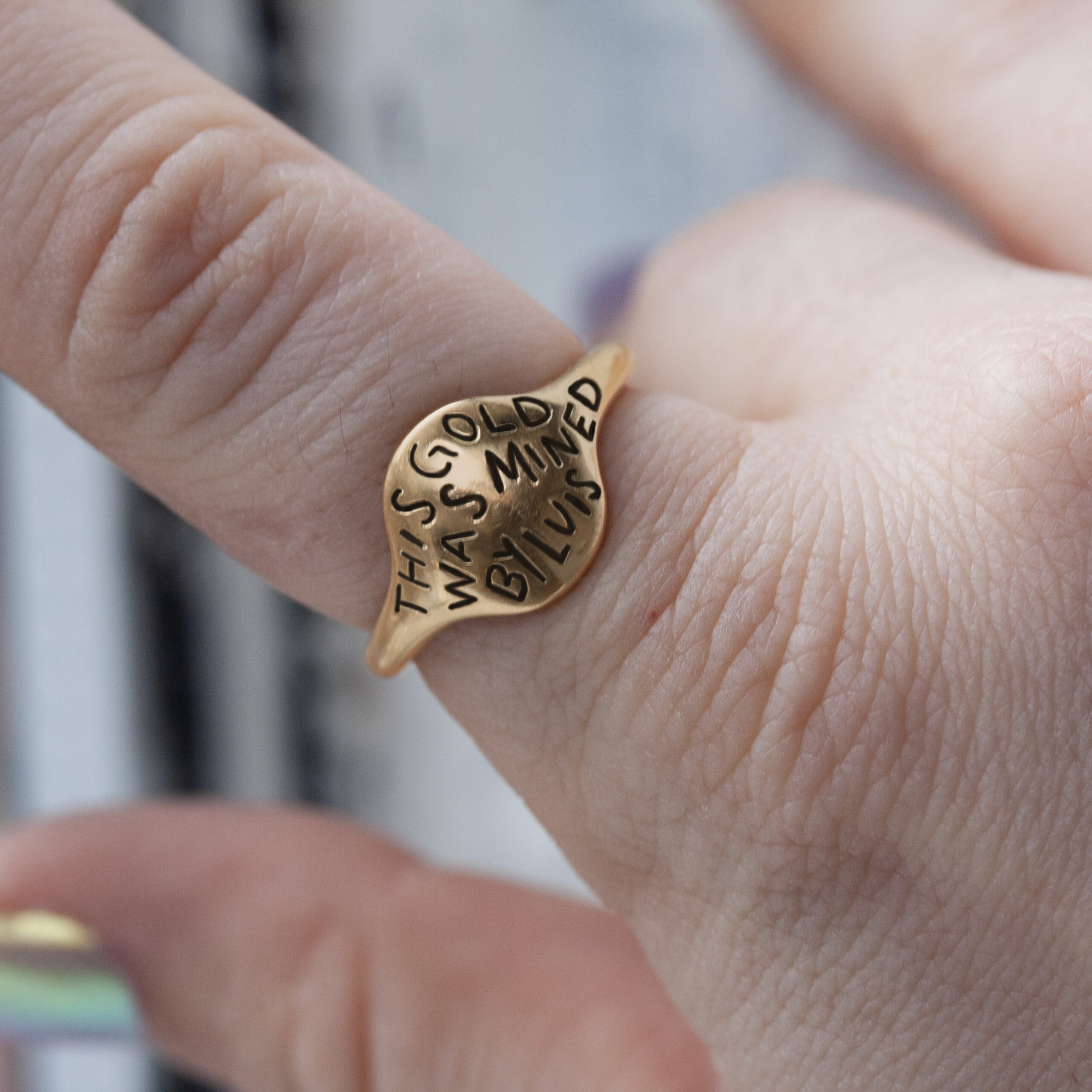 18kt Fairmined gold ring by Philadelphia local jeweler Emily Chelsea Jewelry, honoring miner Luis Celadita Abel III with custom design and ethical gold from Peru.
