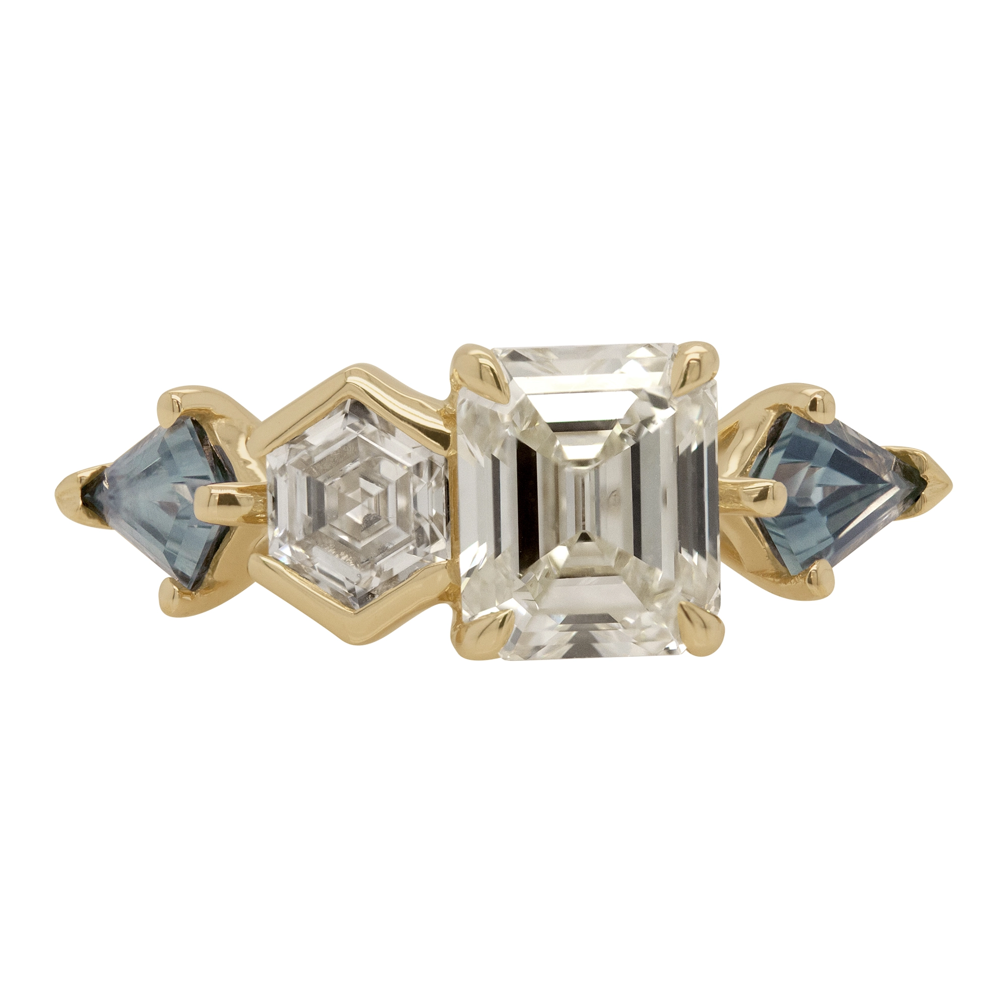 Custom Toi et Moi ring by Philadelphia's Emily Chelsea Jewelry with recycled diamonds, teal sapphires, and 14kt yellow gold.