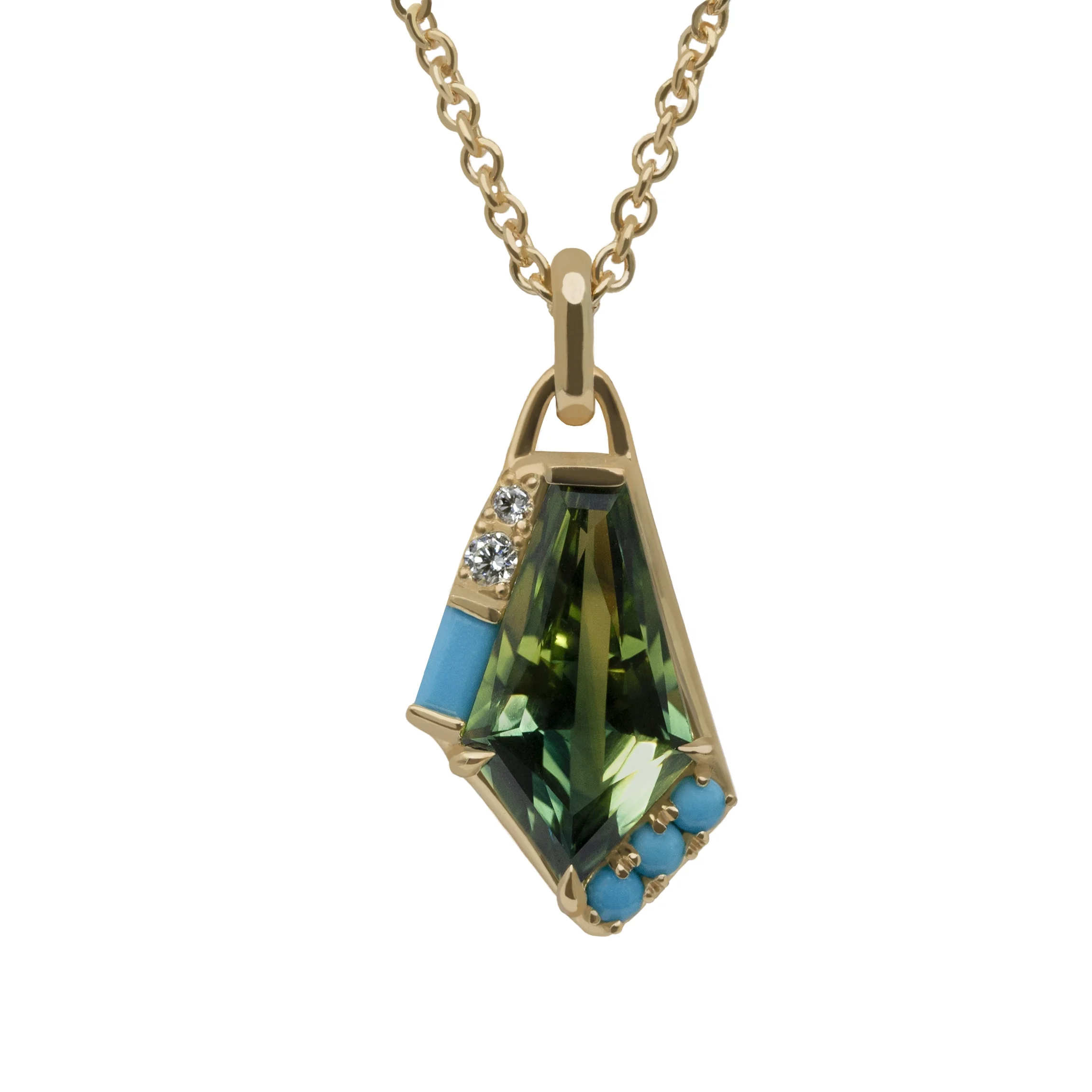 Custom Aura Necklace by Philadelphia's Emily Chelsea Jewelry, featuring a bi-color Australian sapphire, turquoise, diamonds, and 14kt yellow gold.