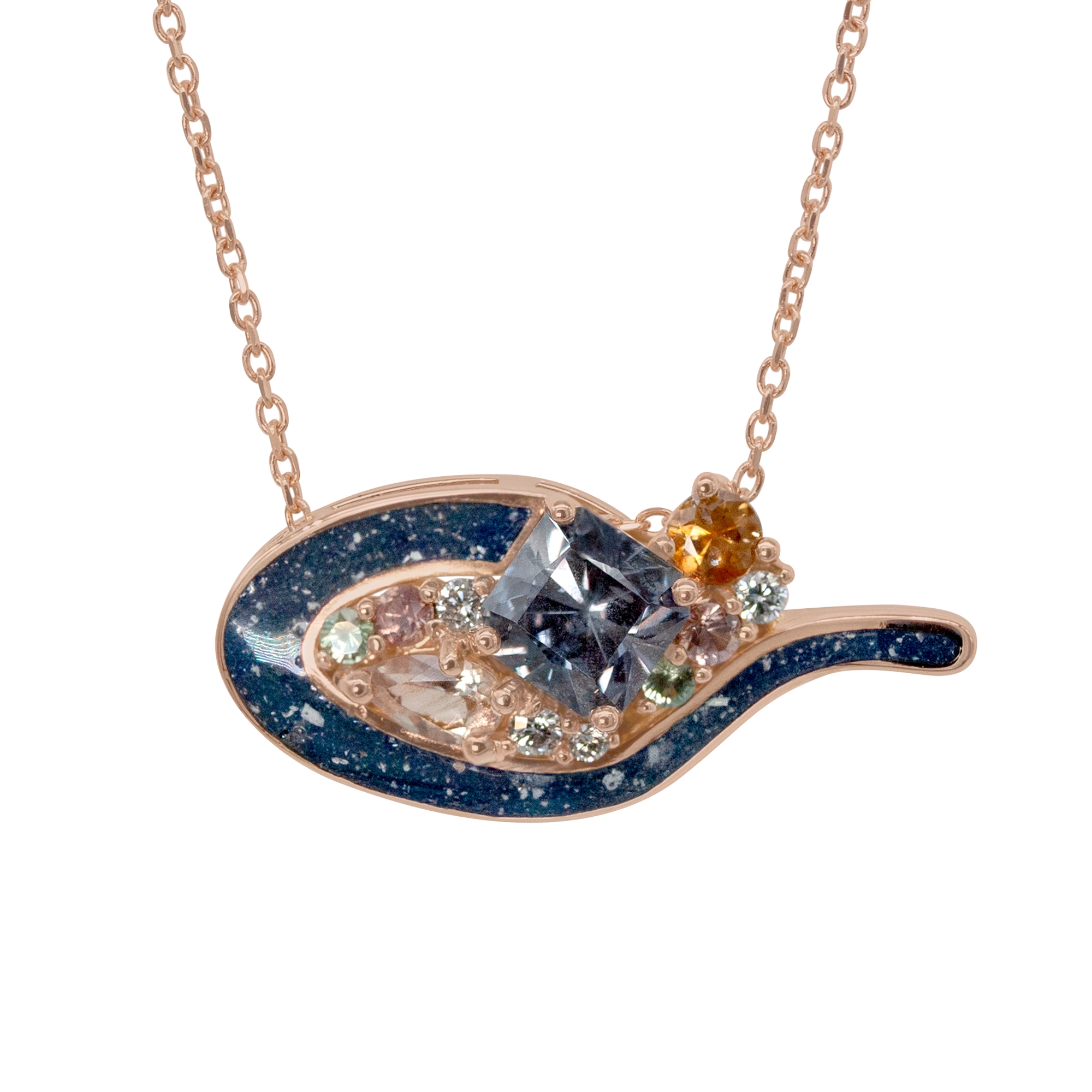 Custom Evie the Cat pendant by Philadelphia local jeweler Emily Chelsea Jewelry with sapphires, diamonds, and ashes in 18kt rose gold.