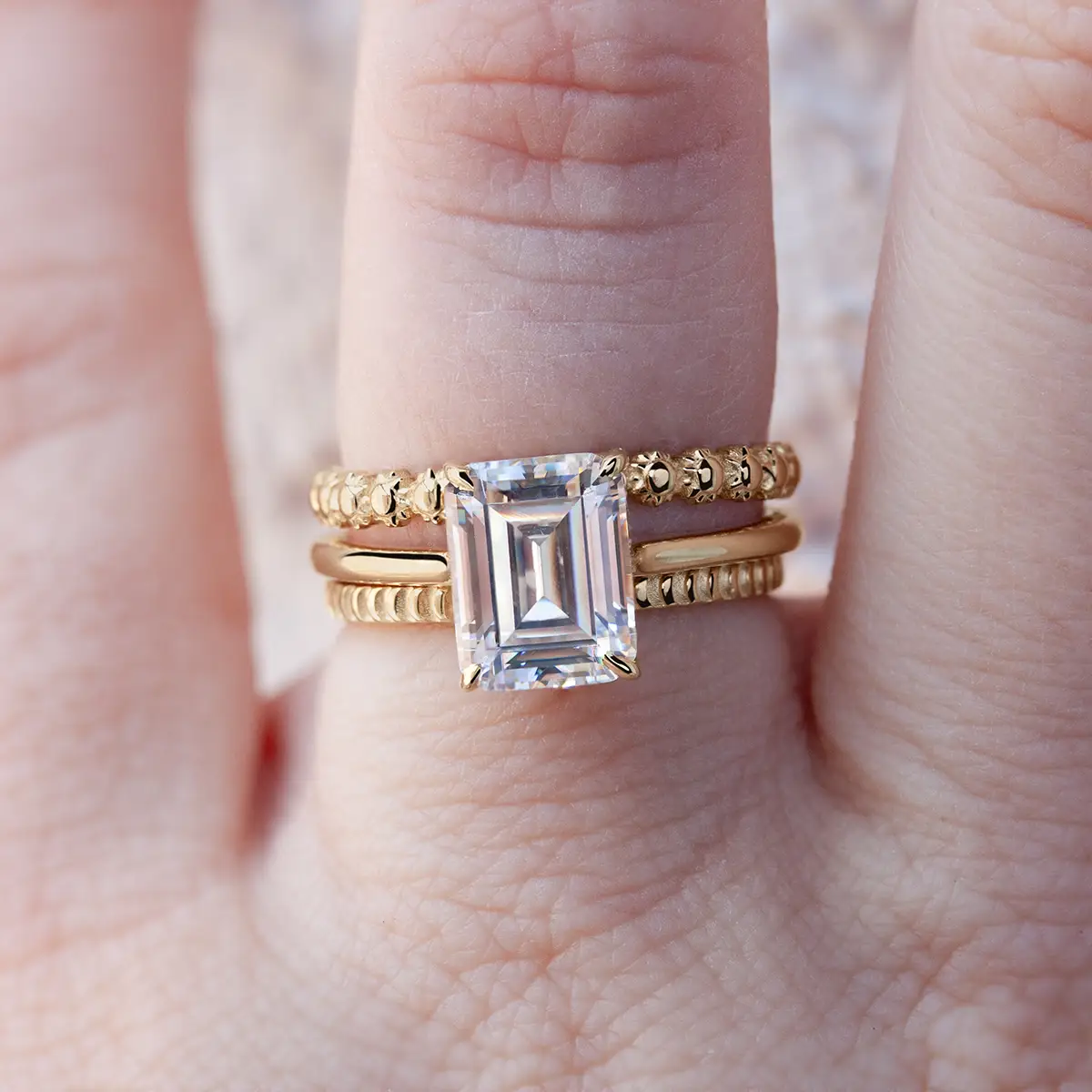 Emily Chelsea Jewelry lab-grown emerald diamond ring and gold bands