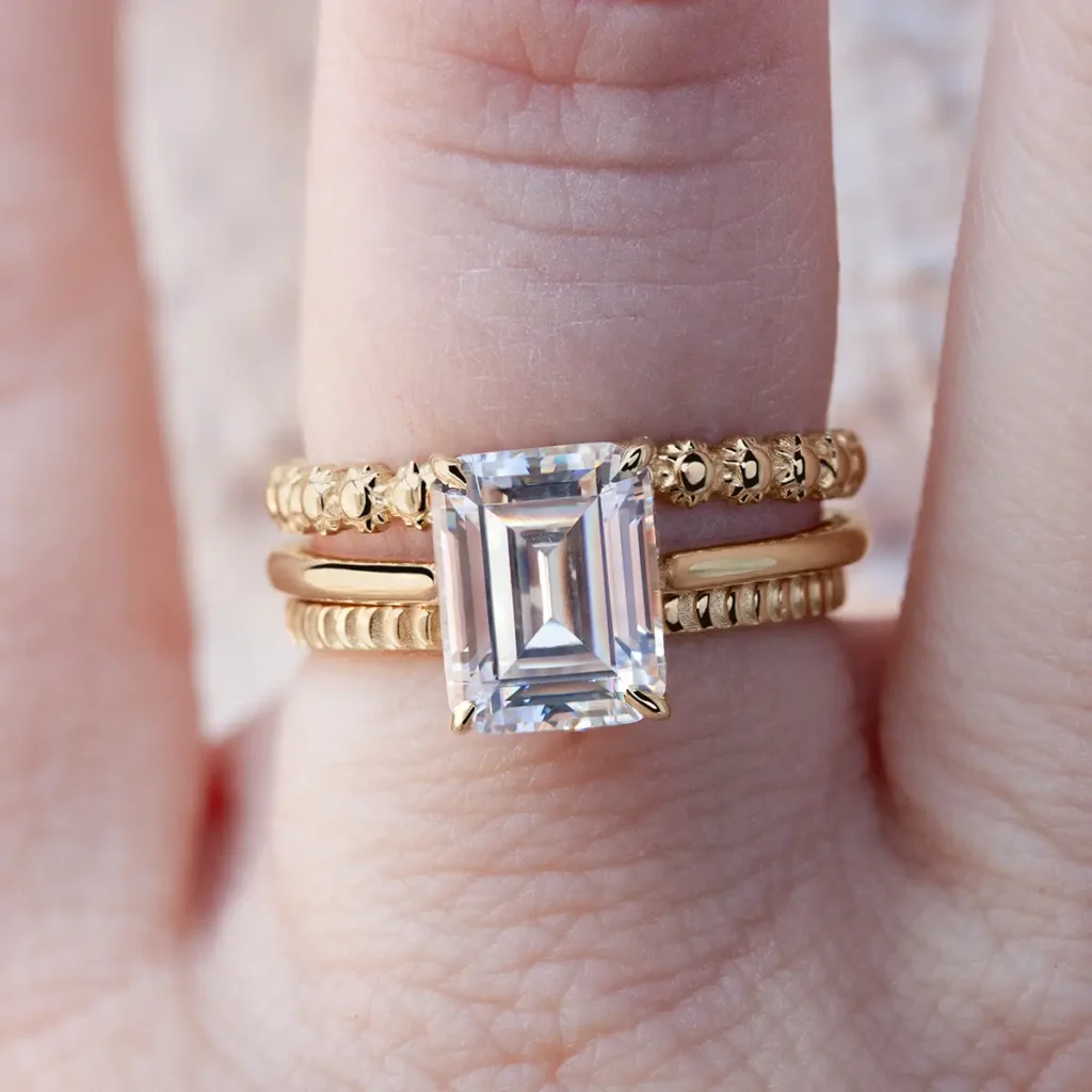 Emily Chelsea Lab-grown emerald cut diamond ring and gold bands